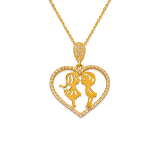 14K Yellow Gold Fancy Heart with Lovers CZ Pendant