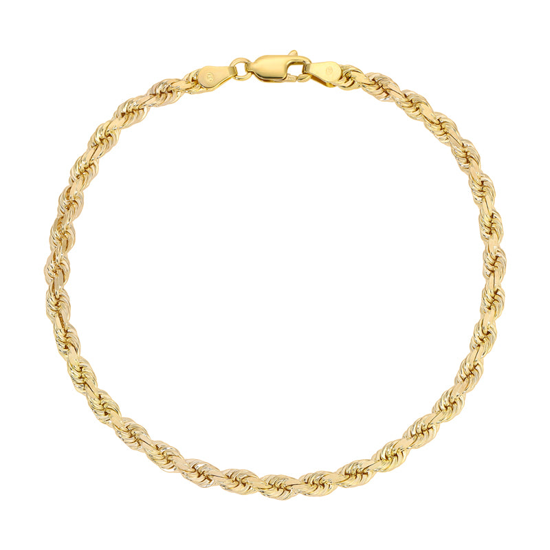 Pulseiras de corda oca com corte de diamante amarelo 14K de 2,00 mm a 5,00 mm 