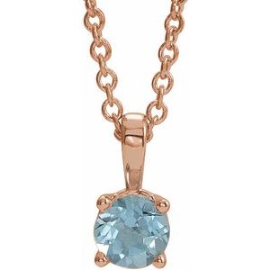 14K Gold Round Natural Aquamarine Birthstone Necklace or Pendant