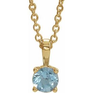 14K Gold Round Natural Aquamarine Birthstone Necklace or Pendant