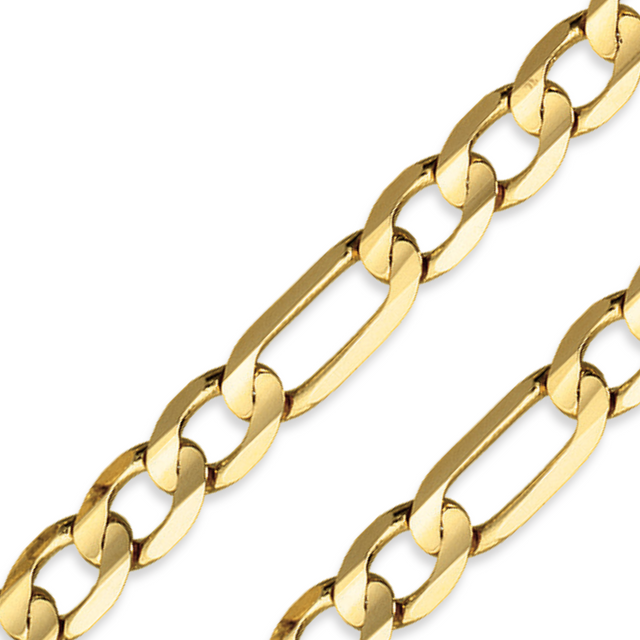 A close-up view of a classic Figaro chain necklace crafted from 10 karat real solid yellow gold | Italian Fashions 