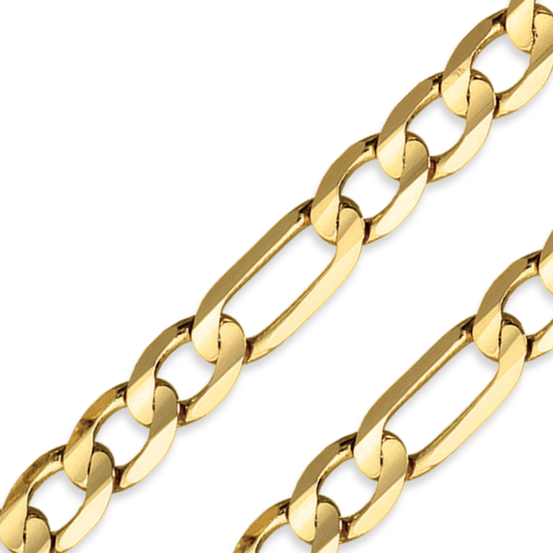 A close-up view of a classic Figaro chain necklace crafted from 10 karat real solid yellow gold | Italian Fashions 