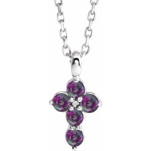 14K Gold Round Lab-Grown Alexandrite Accented Cross Necklace or Pendant