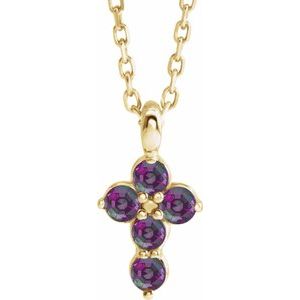 14K Gold Round Lab-Grown Alexandrite Accented Cross Necklace or Pendant