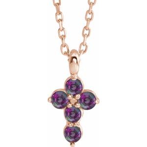 14K Gold Round Lab-Grown Alexandrite Accented Cross Necklace or Pendant