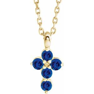 14K Gold Round Lab-Grown Blue Sapphire Accented Cross Necklace or Pendant