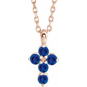 14K Gold Round Lab-Grown Blue Sapphire Accented Cross Necklace or Pendant
