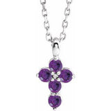 14K Gold Round Natural Amethyst Accented Cross Necklace or Pendant