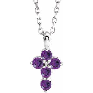 14K Gold Round Natural Amethyst Accented Cross Necklace or Pendant