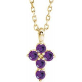 14K Gold Round Natural Amethyst Accented Cross Necklace or Pendant