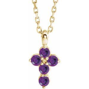 14K Gold Round Natural Amethyst Accented Cross Necklace or Pendant