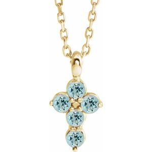 14K Gold Round Natural Aquamarine Accented Cross Necklace or Pendant