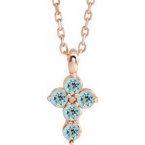 14K Gold Round Natural Aquamarine Accented Cross Necklace or Pendant