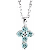 14K Gold Round Natural Aquamarine Accented Cross Necklace or Pendant