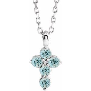 14K Gold Round Natural Aquamarine Accented Cross Necklace or Pendant
