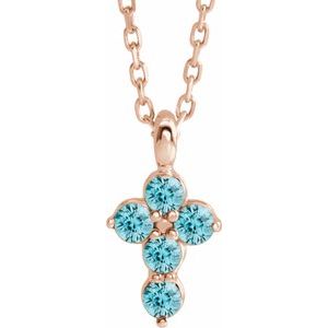 14K Gold Round Natural Blue Zircon Accented Cross Necklace or Pendant