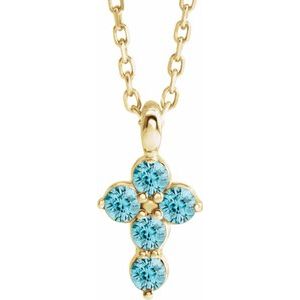 14K Gold Round Natural Blue Zircon Accented Cross Necklace or Pendant