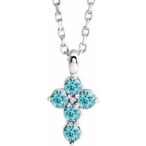 14K Gold Round Natural Blue Zircon Accented Cross Necklace or Pendant