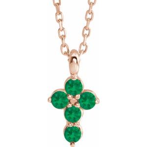 14K Gold Round Lab-Grown Emerald Accented Cross Necklace or Pendant