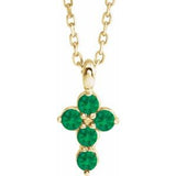 14K Gold Round Lab-Grown Emerald Accented Cross Necklace or Pendant