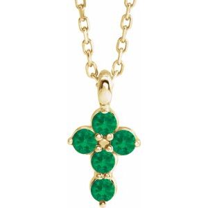 14K Gold Round Lab-Grown Emerald Accented Cross Necklace or Pendant