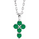 Platinum Round Lab-Grown Emerald Accented Cross Necklace or Pendant