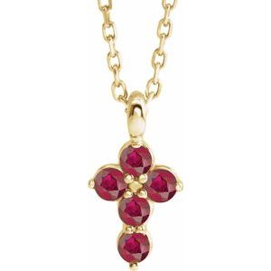 14K Gold Round Lab-Grown Ruby Accented Cross Necklace or Pendant