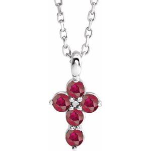 Platinum Round Lab-Grown Ruby Accented Cross Necklace or Pendant