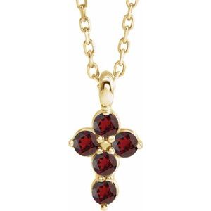 14K Gold Round Natural Mozambique Garnet Accented Cross Necklace or Pendant