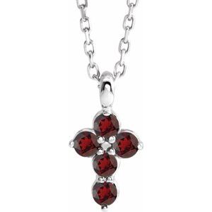 14K Gold Round Natural Mozambique Garnet Accented Cross Necklace or Pendant
