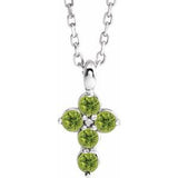 Platinum Round Natural Peridot Accented Cross Necklace or Pendant