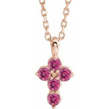 14K Gold Round Natural Pink Tourmaline Accented Cross Necklace or Pendant
