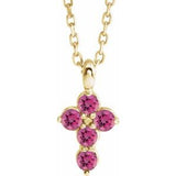 14K Gold Round Natural Pink Tourmaline Accented Cross Necklace or Pendant