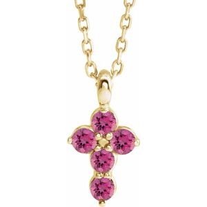 14K Gold Round Natural Pink Tourmaline Accented Cross Necklace or Pendant
