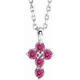 14K Gold Round Natural Pink Tourmaline Accented Cross Necklace or Pendant