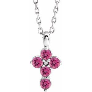 14K Gold Round Natural Pink Tourmaline Accented Cross Necklace or Pendant