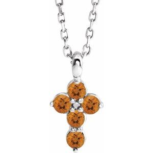 Platinum Round Natural Citrine Accented Cross Necklace or Pendant