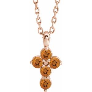 14K Gold Round Natural Citrine Accented Cross Necklace or Pendant