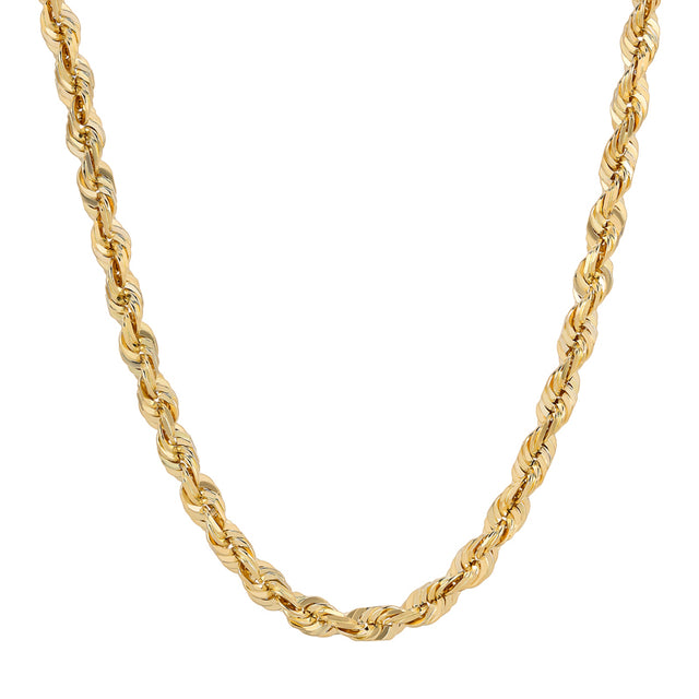 Close-up view of a sparkling 10K real solid yellow gold Rope chain, showcasing its intricate diamond-cut texture and range of widths (2.00mm-6.00mm) | Italian Fashions