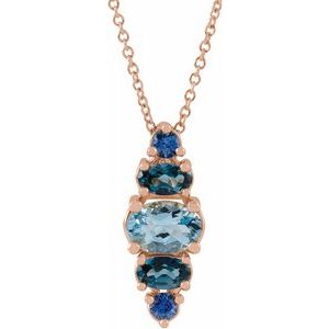14K Gold Oval Natural Blue Multi-Gemstone Bar Necklace or Pendant