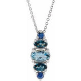 14K Gold Oval Natural Blue Multi-Gemstone Bar Necklace or Pendant