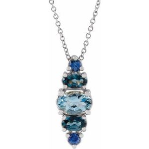 14K Gold Oval Natural Blue Multi-Gemstone Bar Necklace or Pendant