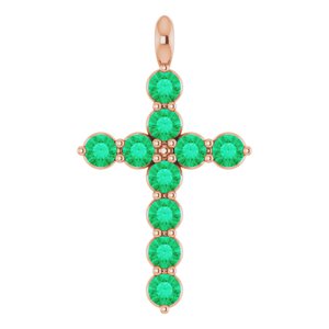 14K Gold Round Lab-Grown Emerald Accented Cross Necklace or Pendant