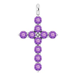 Platinum Round Natural Amethyst Accented Cross Necklace or Pendant