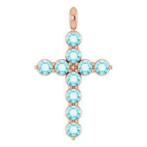 14K Gold Round Natural Blue Zircon Accented Cross Necklace or Pendant