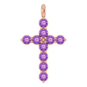 14K Gold Round Natural Amethyst Accented Cross Necklace or Pendant