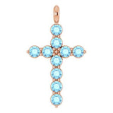 14K Gold Round Natural Aquamarine Accented Cross Necklace or Pendant