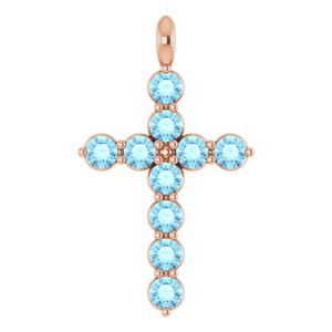 14K Gold Round Natural Aquamarine Accented Cross Necklace or Pendant