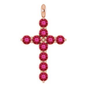 14K Gold Round Lab-Grown Ruby Accented Cross Necklace or Pendant