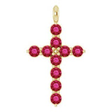 14K Gold Round Lab-Grown Ruby Accented Cross Necklace or Pendant